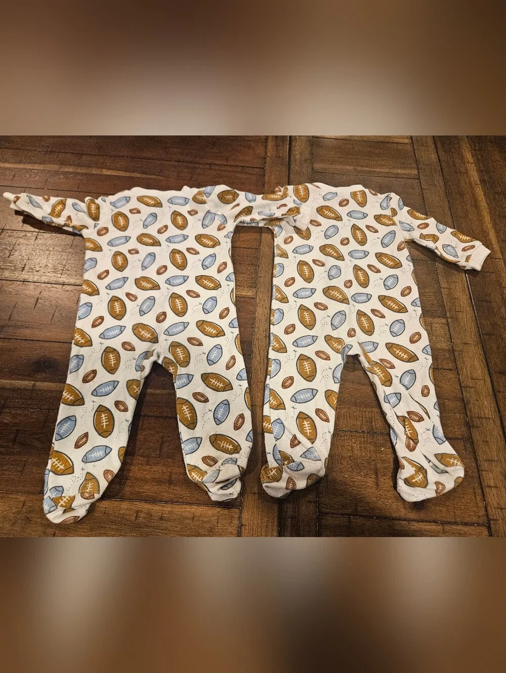 TWIN BOYS Footed One-Piece Pajama in White with Football Print - 3/6 Months